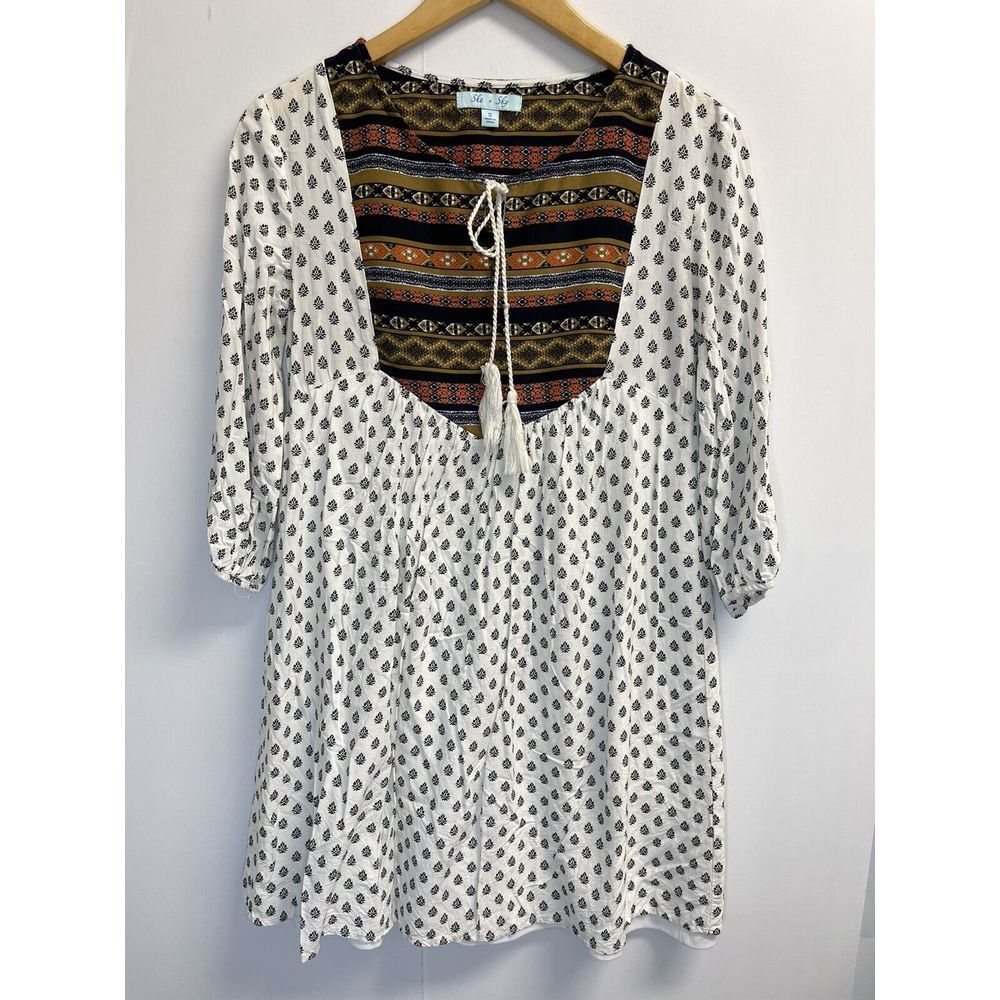 She and Sky Dress Women's S Boho Peasant Embroidered White Aztec Tassels Lined
